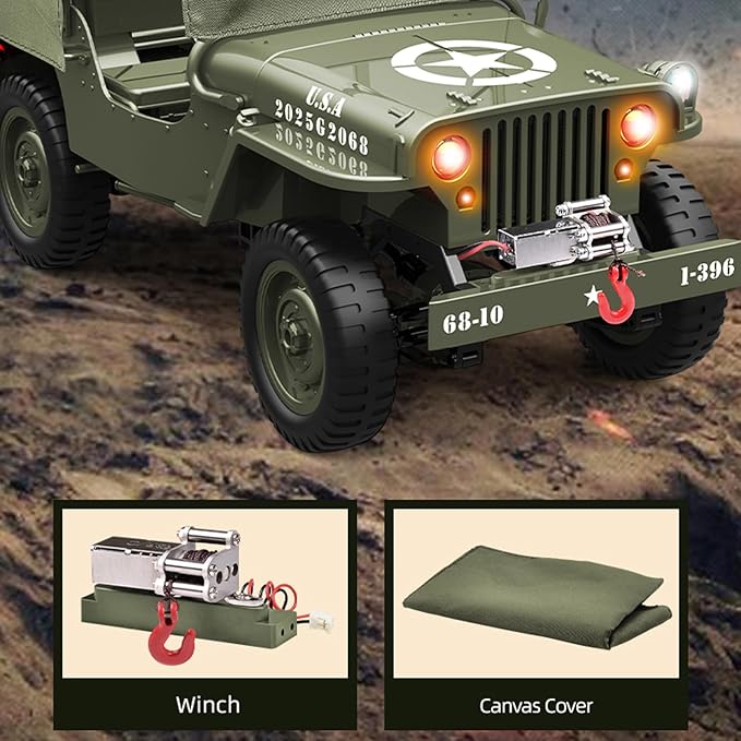 RC Crawlers, High-end Version 1:10 Scale D888 Willys Military Jeep, 2.4Ghz 4WD Off Road RC Rock Crawler Vehicle with Lights All Terrain Electric RC Jeep Toy for Adult Teens