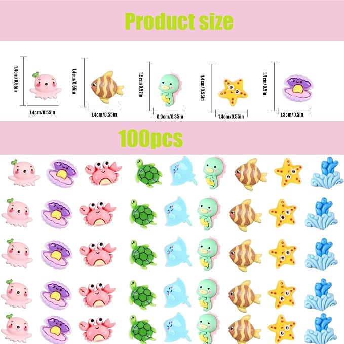 100 pcs Mini Ocean Resin Animals Plastic Animals Marine Miniature Aquarium Ornaments Decorations for DIY Fish Tank Potted Micro Fairy Garden Dollhouse (100PCS Marine Animal Set)
