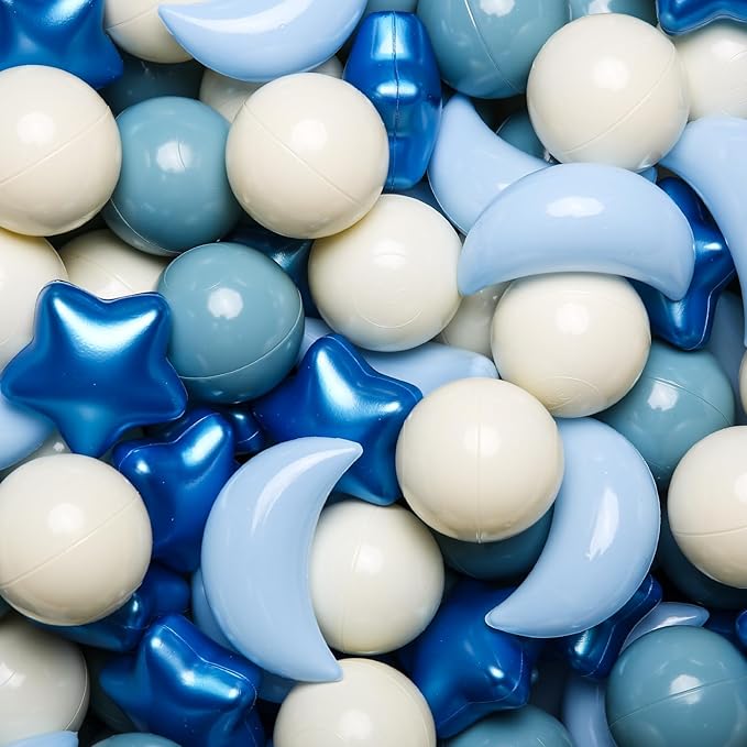 GOGOSO Ball Pit Balls Stars Moon Shapes Plastic Pitballs for Toddler Play Tent Baby Photo Props Kids Pool Water Toys Kiddie Pool Party Decor, Pearl Blue+Cream Blue+White,50PCS