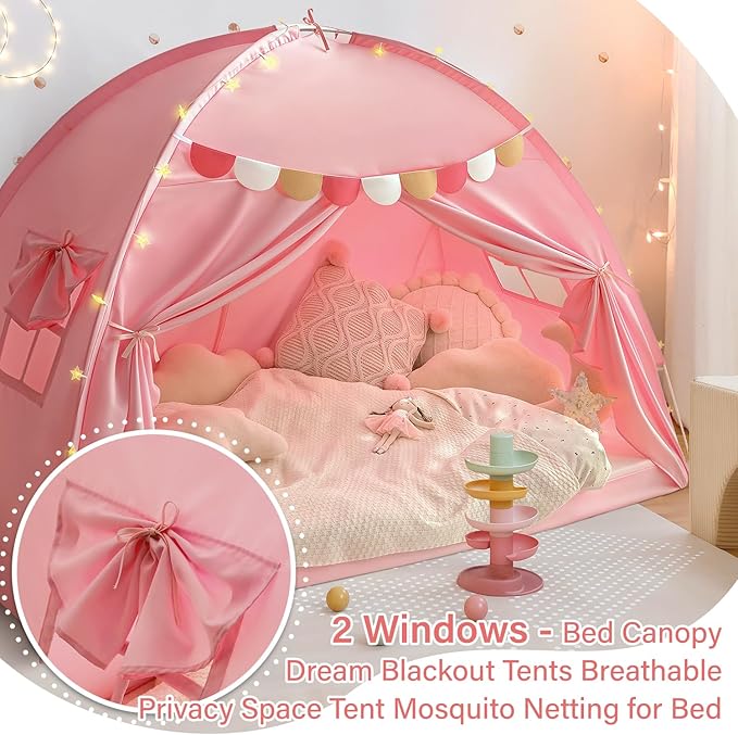 Razee Full Size Bed Canopy for Kids, Girls Bed Tent Dream Privacy Playhouse Floor Sleeping Tents Indoor, Toddler Under Bunk Bed Pink Tent with Pennant Banners, Kid House Toys for Birthday Gift