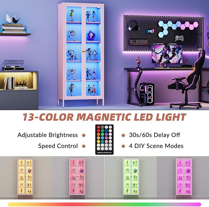 5-Tier Display Cabinet with 13-Color Light, 67" Tall Bookcase Bookshelf with Glass Doors & Adjustable Shelves, Metal Storage Cabinet Display Case for Collectibles Curios Trophies - Pink