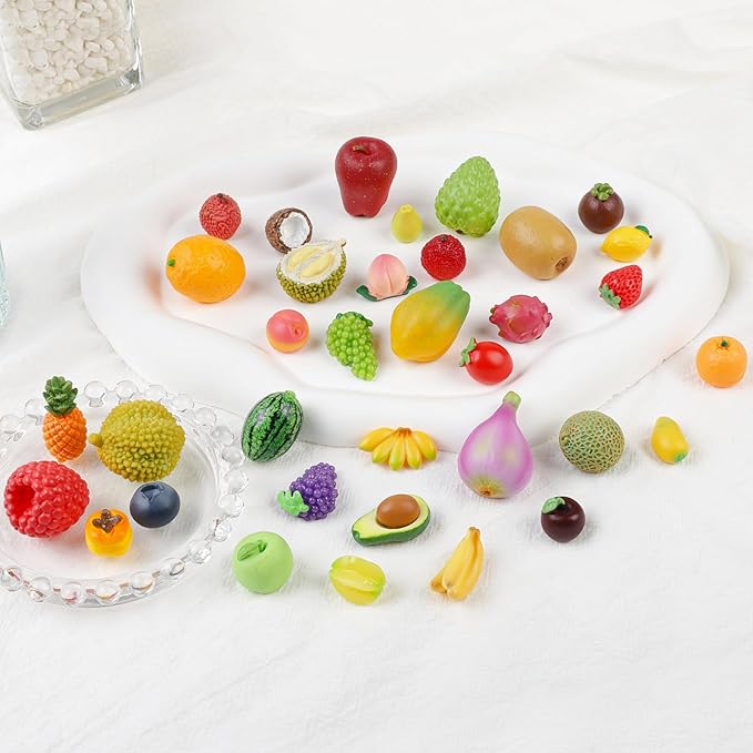 35 PCS Mini Resin Artificial Fruits Miniature Fruits Realistic Mini Fruit Fake Strawberry Lemon Banana for DIY Craft House Kitchen Garden Cake Party Store Display Decoration