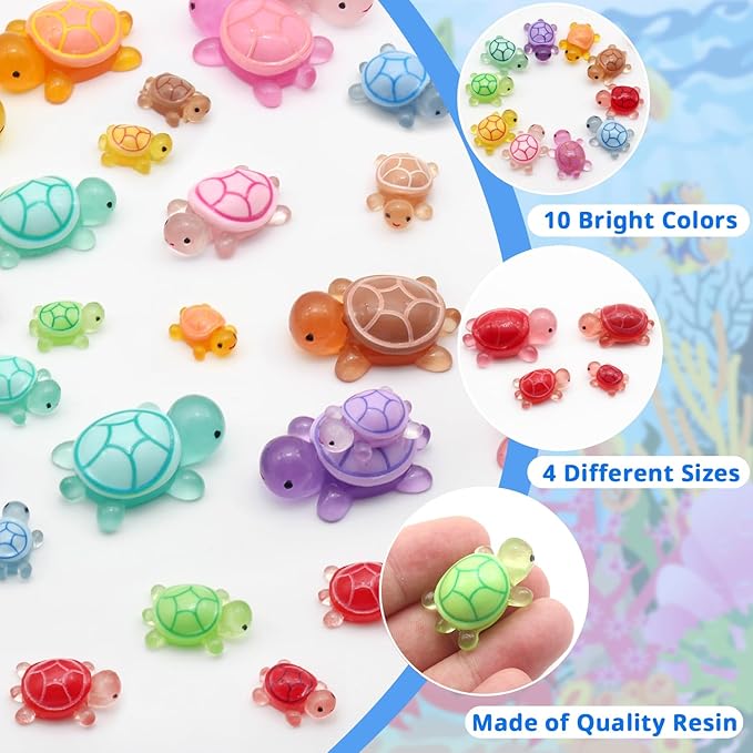Anvin 40 Pcs Miniature Turtles Glow in The Dark Turtle Figurines Set Cute Resin Tortoises in 4 Sizes & 10 Vibrant Colors- Perfect for Fish Tank, Dollhouse, Aquarium, Fairy Gardens, Unique Gifts