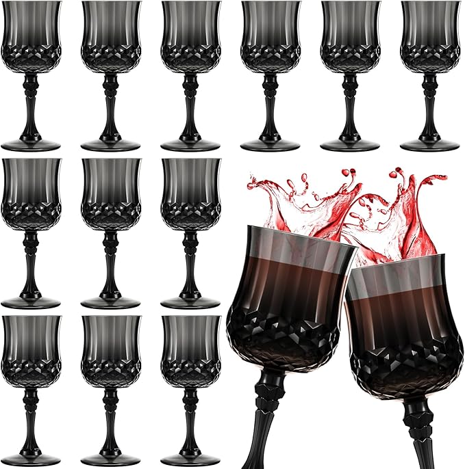 Pinkunn 12 Pcs 7 oz Plastic Vintage Wine Glasses Reusable Colored Goblets Patterned Drinking Water Glasses Cup Dishwasher Safe for Valentine's Day Wedding Reception Party Supplies (Black)