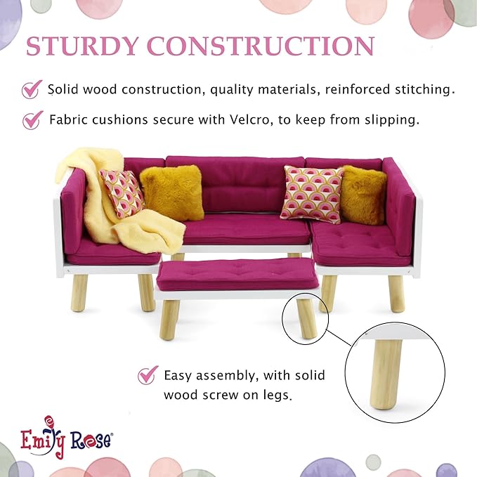 Emily Rose 18 Inch Doll Pink Living Room Furniture Set - Complete Entertainment Center with Reversible Console TV Sectional Couch Daybed - Fits American Girl Our Generation Dolls - 13 Piece Set