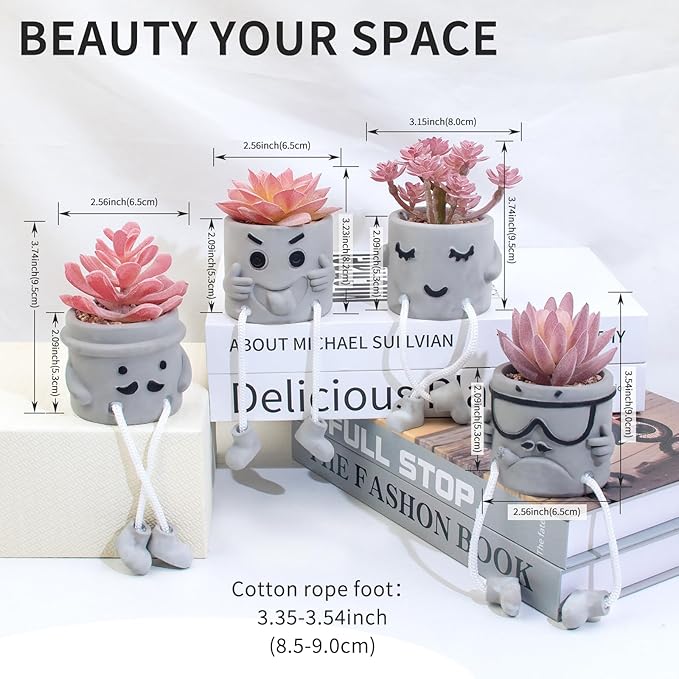 LUZOGA Set of 4 Artificial Potted Mini Succulent Plants - Small Fake Succulents in Hanging Leg Cement Pots, Desk/Bathroom/Bookshelf/Wall Decor for Home Office, Cute Office Decor for Women (Pink)