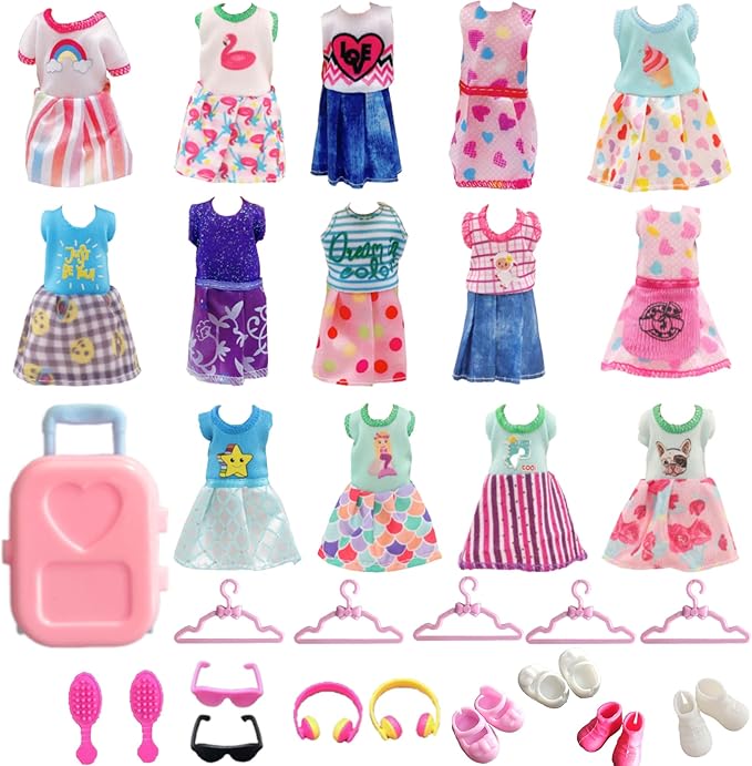 Mini 6 inch Doll Clothes and Accessories Set for Chelsea Dolls, Including 14 Fashion Doll Clothes 5 Hangers 4 Shoes 2 Glasses 2 Comb 1 Luggage 1 Earphone for 5.3 - 6 Inch Dolls(Doll not Including)