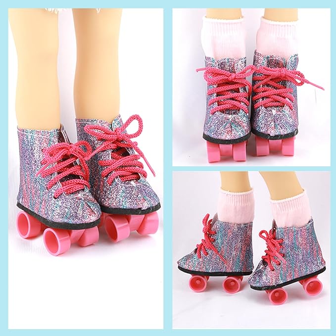18 inch Doll Shoes - 5 Pairs of Different Types (Boots/Roller Skates/Sandals/Clogs) + 2 Pairs of Pink/White Socks 18 in Doll Accessories 18‘’Pink American Doll Accessories