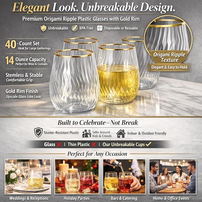 40 count 14 oz Origami ripple Unbreakable Stemless Plastic Wine Champagne Whiskey Glasses Elegant Durable Disposable Indoor Outdoor Ideal for Home Bars, Wedding, Ribbed 14 oz Cups (40, Gold Rim)