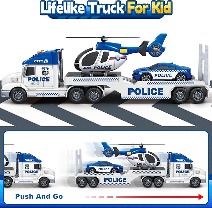 Kids Toys for 3 4 5 6 7 8 Years Old Boys, 27" Police Truck Toy with Racing Car and Helicopter, Toddler Friction Powered Truck Vehicle Toy with Lights, Sounds for Boys Girls Christmas Birthday Gifts