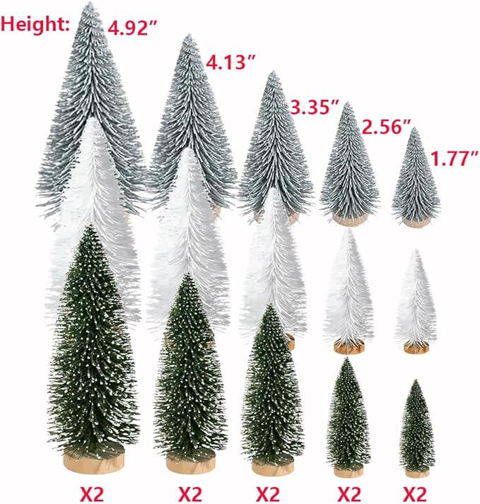 Yahpetes Artificial Mini Christmas Trees, 30 Pcs Sisal Snow Pines in 5 Sizes, Crafting Displaying Decoration, Tabletop Xmas Tree for Home, Party (Silver/White/Green)