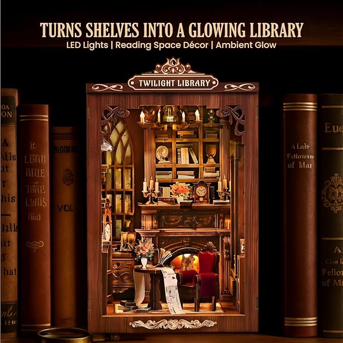 Soothee DIY Book Nook Kit with LED Lights (Twilight Library) - 3D Puzzles for Adults & Teens, Miniatures and Model Building Kits for Bookshelf Decor, Relaxing Craft & Unique Gift for Craft Lovers
