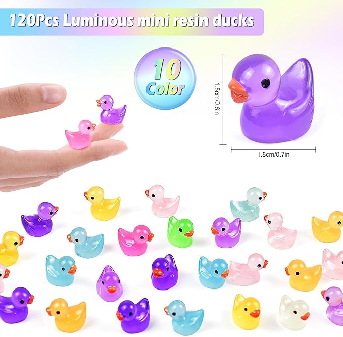 120Pcs Mini Resin Ducks Luminous Mini Ducks Glow in The Dark, Tiny Ducks to Hide, Little Ducks, Miniature Ducks for Garden Micro Landscape DIY Craft Accessories Ornament Charms Party Toys