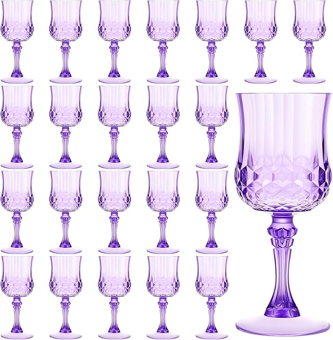 Pinkunn 24 Pcs 7 oz Plastic Vintage Wine Glasses Reusable Colored Goblets Patterned Drinking Water Glasses Cup Dishwasher Safe for Valentine's Day Wedding Reception Party Supplies (Purple)