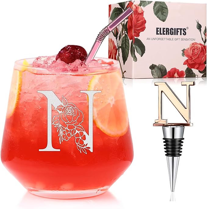 Personalized Gifts for Women, Monogrammed A-Z Wine Glass Customized Gift, Unique Christmas Birthday Gifts for Women Her Mom Friend Sister Wife Daughter Nurse - Dishwasher Safe (N)