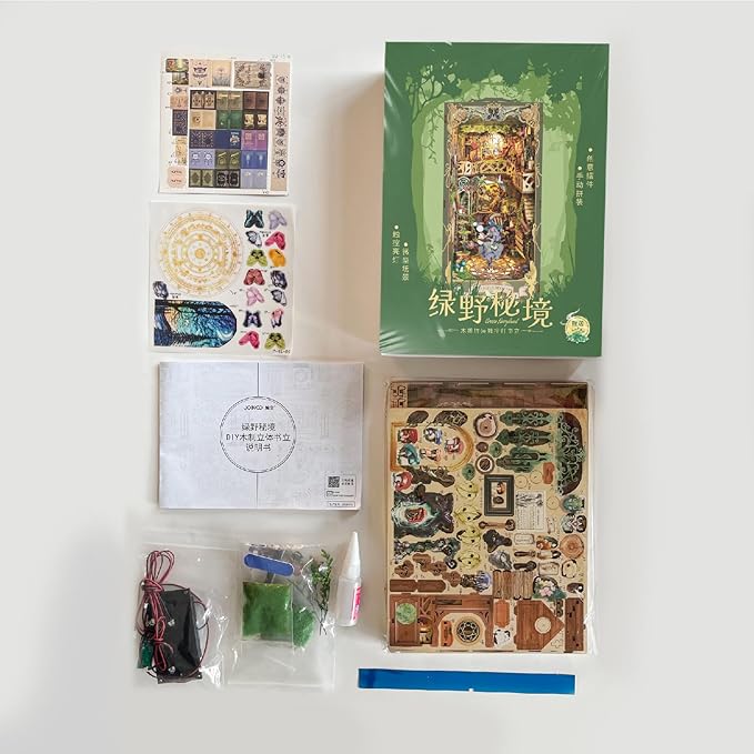 LED Book Nooks DIY Miniature Dollhouse Kit 3D Puzzle Wooden Bookends Toy for Teenagers Gift Model Kits Room Decoration - Garden Book Nook - Book Nook Kits for Adults (Green Fairyland)