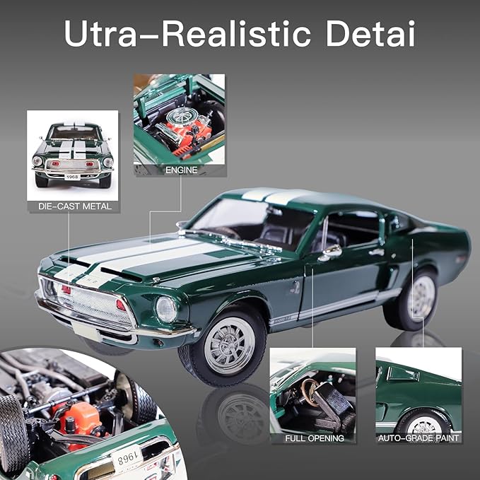 Shelby 1968 GT-500KR 1:18 Diecast Model Car - King of The Road, Opening Doors, Steering Linkage | Premium Gift Box, Man Cave Decor | Ages 14+,Green