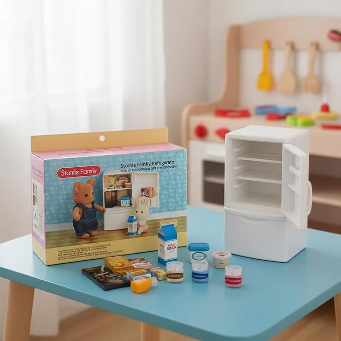 Family Dollhouse Refrigerator Set — Mini Fridge with Opening Doors, Interior Shelves, Milk Carton, Yogurt Tub, Ice Cream Cups & Topping Jars — Dollhouse Furniture & Accessories for Ages 3+