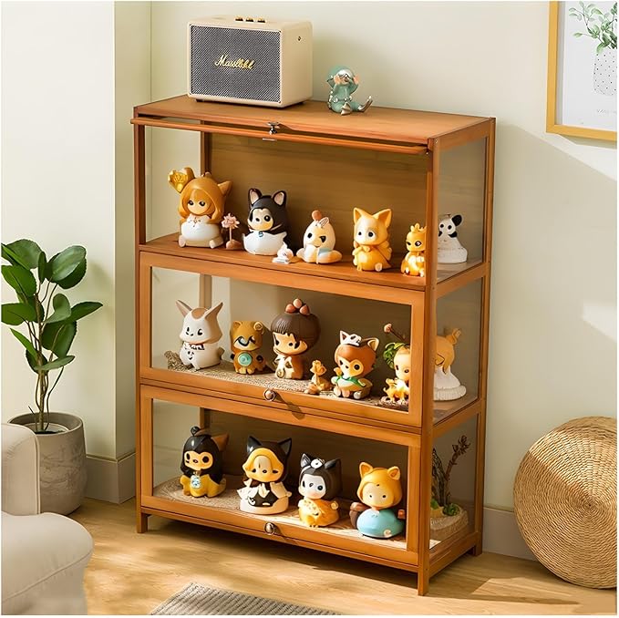 Curio Display Cabinet with Acrylic Doors for Collectibles Small Curio Cabinet 4 Tier 3 Tier Figures Display Case Toys Display Shelves Vitrina Storage Cabinet,Brown,3 Tier_Flip Up Door