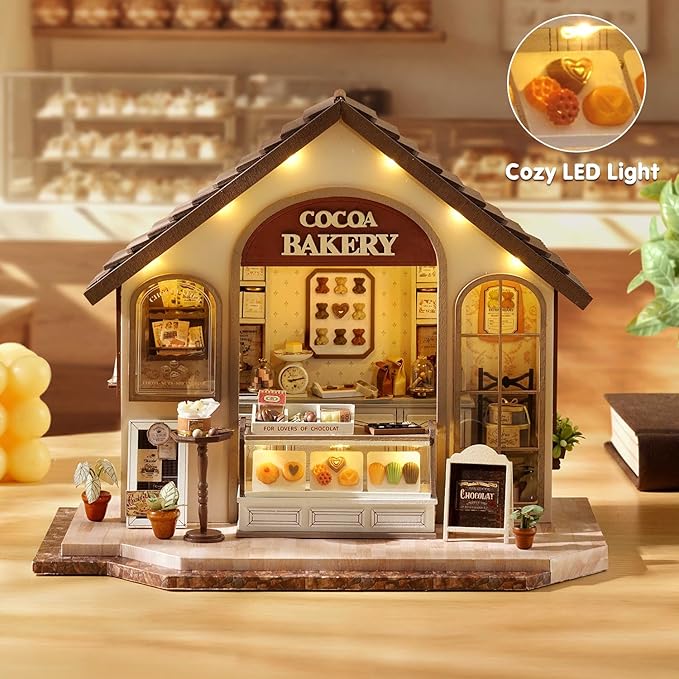 TuKIIE DIY Miniature House Kit with Furniture, 1:24 Scale Creative Room Mini Wooden Christmas Dollhouse Book Nook Plus Dust Proof & Music Movement for Kids Teens Adults(Leisurely Bakery)