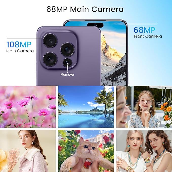 Huness I16PROMAX 16+1TB Smartphone Unlocked Cell Phone,6.99" HD Screen Unlocked Phones,Battery 7000mAh Android 14,Face ID/Fingerprint Button unlock/Photos/5G/Dual SIM/GPS (Deep Purple, 16+1TB)