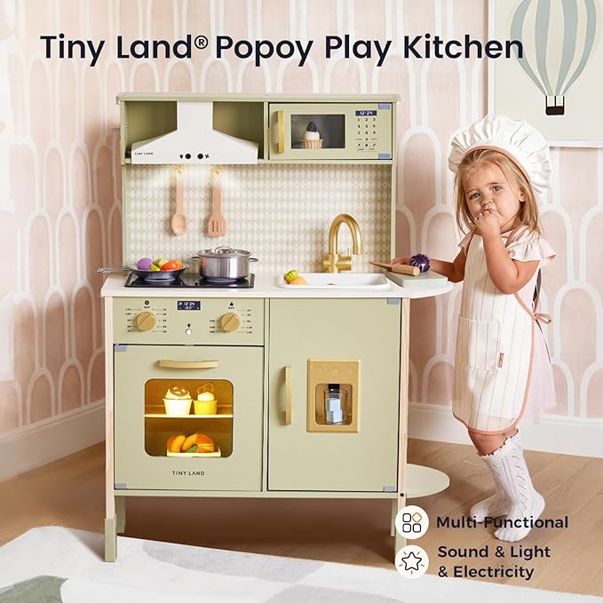 Tiny Land Play Kitchen for Kids, Wooden Kids Play Kitchen Playset Chef Pretend Play Set for Toddlers with Real Lights & Sounds, Toys Kitchen with 18 Pcs Toy Food & Cookware Accessories (Green)