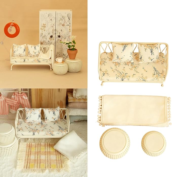 Doll House Sofa Set; Iron Frame Miniature Living Room Furniture; Detachable Washable Fabric Cushions for Creative Room Decoration.