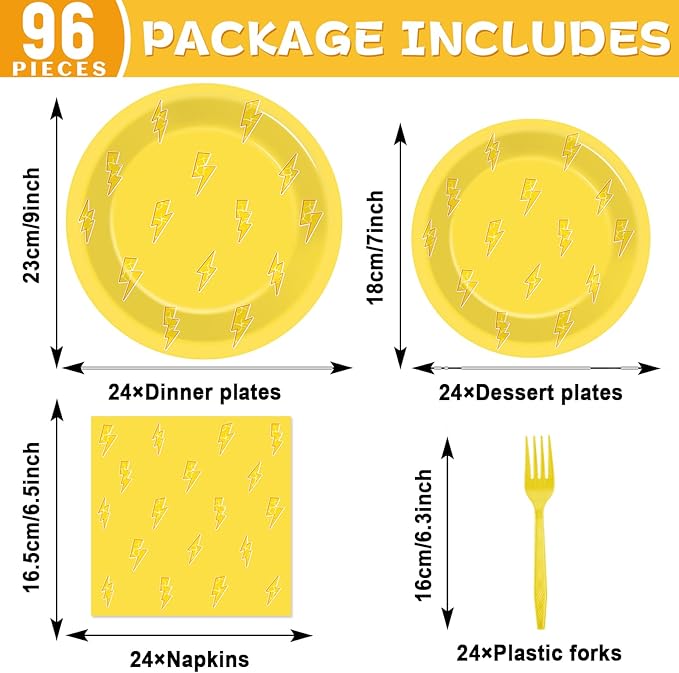 96PCS Lightning Bolt Birthday Party Decorations Lightning Paper Plates Napkins Yellow Cartoon Tableware Flash Weather Dinnerware Supplies for Birthday Baby Shower Wedding Party Favors Serve 24 Guests