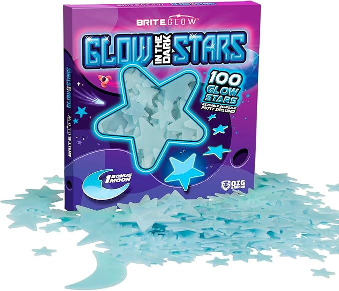 100 PK Blue Glow in The Dark Stars for Ceiling Christmas Stocking Stuffers for Kids - Brite Plastic Glow Stars with Moon & Putty Age 4,5,6,7,8,9,10,11,12 for Bedroom Space Night Light Christmas Gifts