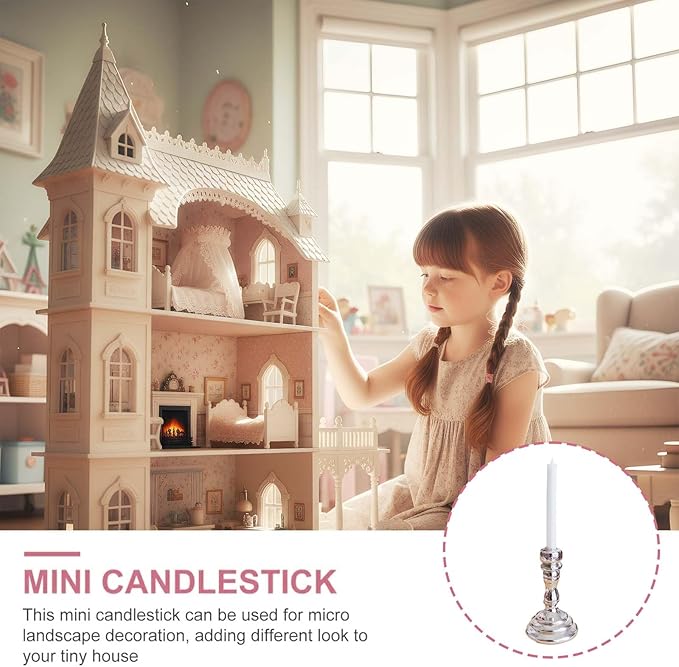 3-Piece Dollhouse Miniature Candle Holder Set, Vintage Style Simulation Candlesticks, 1/12 Scale Candles for Doll House Desk Ornament & Fairy Garden Decor （Silver