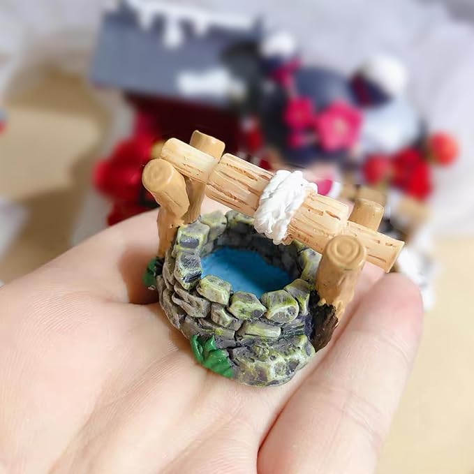 jeeone Mini Lighthouse Water Well Bridge Figurines Miniature Gardening Pool Lawn Running Water Terrarium Stone Bridge Figurine Micro Landscape Indoors Outdoors Decorative Accessory