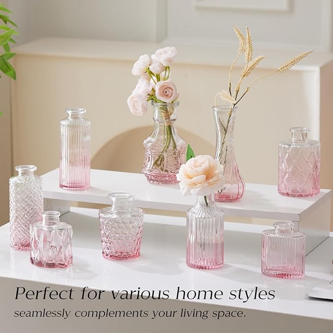 Glass Bud Vase Set of 60 - Small Vases for Flowers in Bulk - Assorted Vintage Crystal Vases for Flowers, Table Centerpieces (Pink, 60 Pcs)