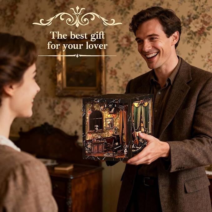 Book Nooks for Adults, DIY Miniature Dollhouse Book Nook Kit with Led Light Classical Music Room Crafts for Adults with Led Light Book Nook Kits Gifts for Family and Friends