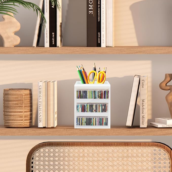 Anxiety Bookshelf Ornament Mini Bookshelf Miniature Library with 100pcs Mini Books, Mini Bookstore, Shake Off Your Anxiety, Bookmark or Pencil Holder Organizer for Book Lovers Home Decor (White)