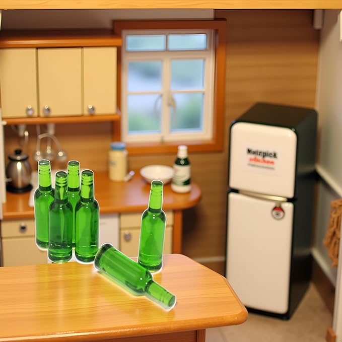 6Pcs Mini Beer Drinks Miniature Dollhouse Beer Glass Model Doll Drinks Kitchen Wine Bottles Toy Accessories,Dollhouse Miniature Beer Bottle Dining Drinks Doll House Decorations, Green