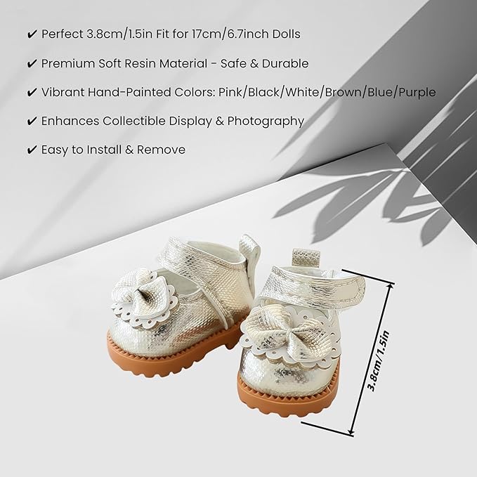 Doll Shoes for Lu bubu 17cm Dolls(No Doll) , Mini Shoes Accessories, Cute PU Leather Princess Shoes Suitable for 17cm Doll, Dress Up Doll Shoes Replacement Gold