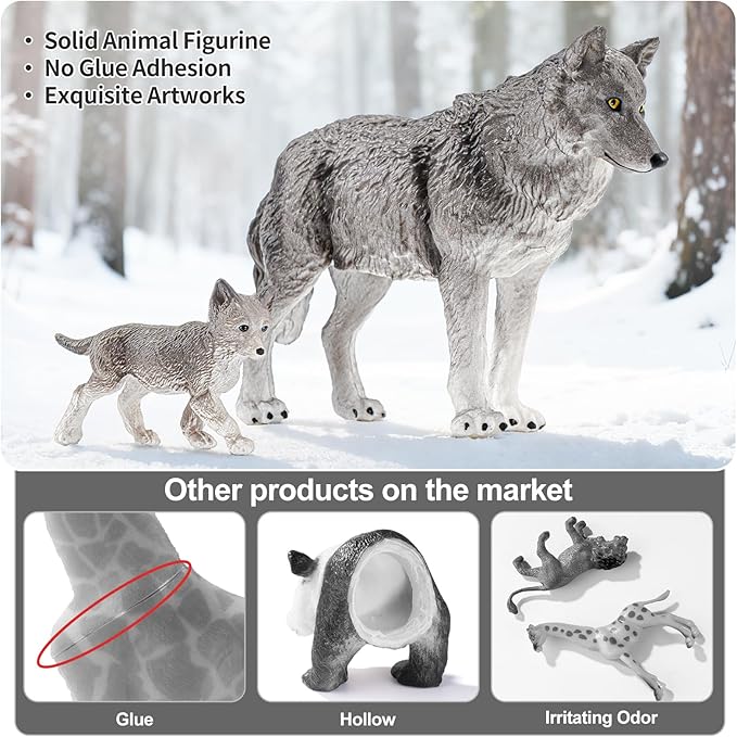 14PCS Wolf Toy Animal Figurines, Realistic Plastic Zoo Safari Animal Toys for Toddlers 3 4 5 6 7, Forest Wolf Animals Figures, Educational Toy Cake Toppers Birthday Gift for Kids Boys Girls