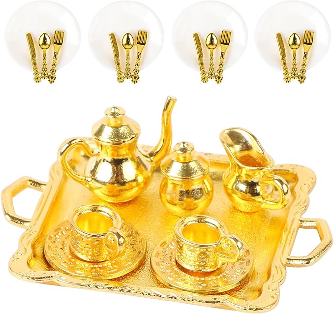 24 Pieces Mini Tea Set Golden Metal Dollhouse Miniatures Tiny Tea Set Mini Doll Plates Knife Fork Spoon for Dollhouse Furniture and Kitchen