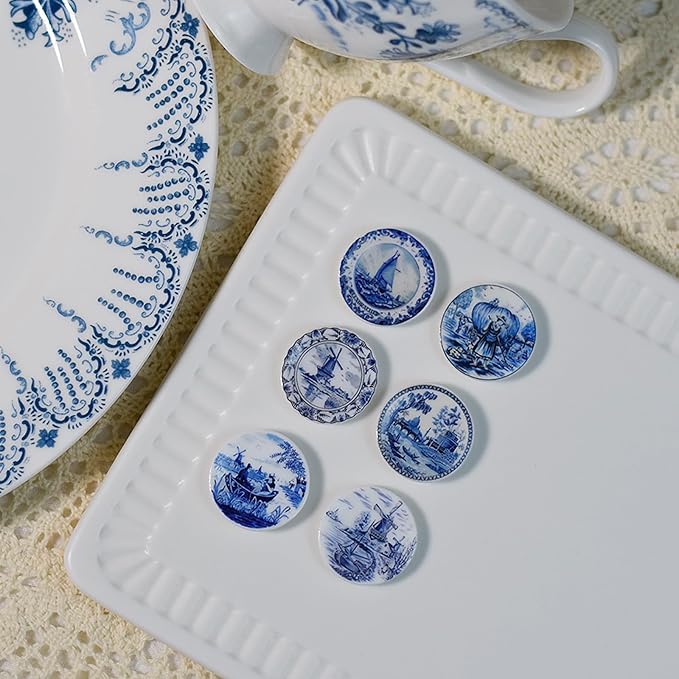 6PCS Handcrafted Miniature Ceramic Plates in 1:12 or 1:6 Scale, Vintage Porcelain Playhouse Dishes (Blue-White B, 2.3CM)