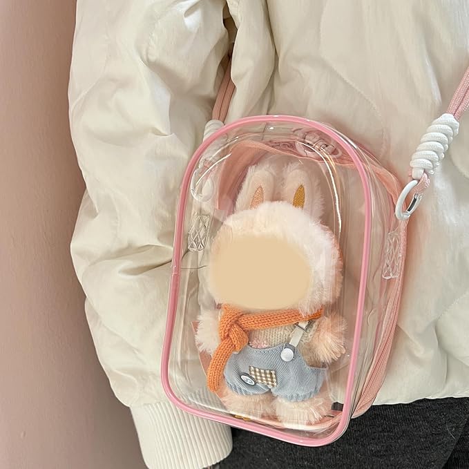 Clear Figure Display Bag with Keychain and Lanyard, Protective Doll Case, 18.5cm/7.28in Crossbody Doll Storage Bag