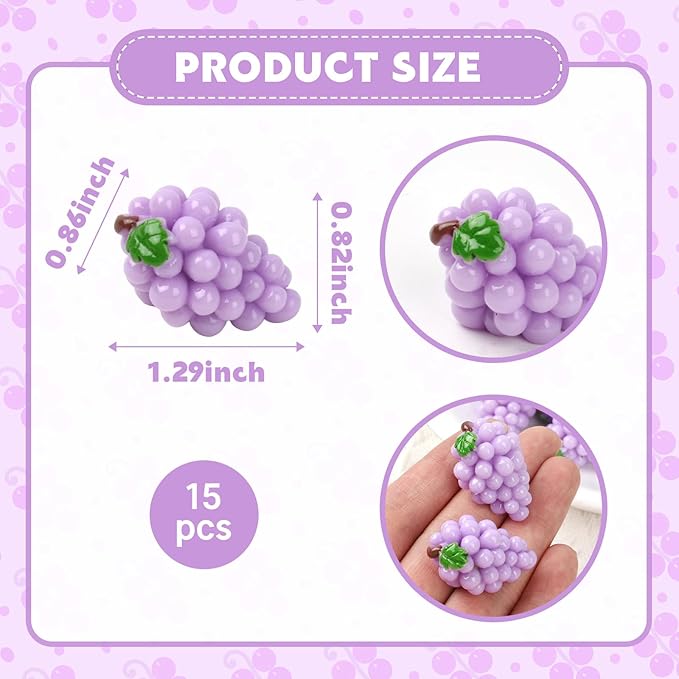 Miniature Artificial Grapes, 15 Pcs Resin Simulation Grapes Artificial Mini Fruit for Home Mini Kitchen Cabinet Props DIY Crafts Decor