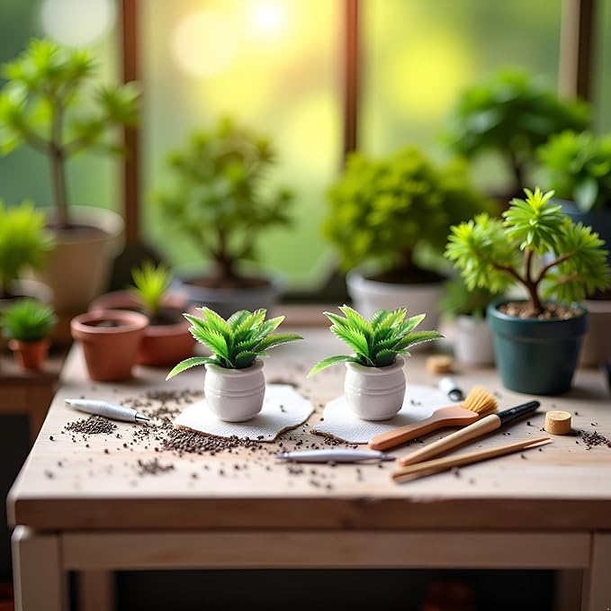 2 Pieces Dollhouse Decoration Plant Pots Miniature Green Potted Bonsai Model Dollhouse Accessories Decor,1:12 Scale Doll House Miniature Plant Model, DIY Decoration Props Accessories