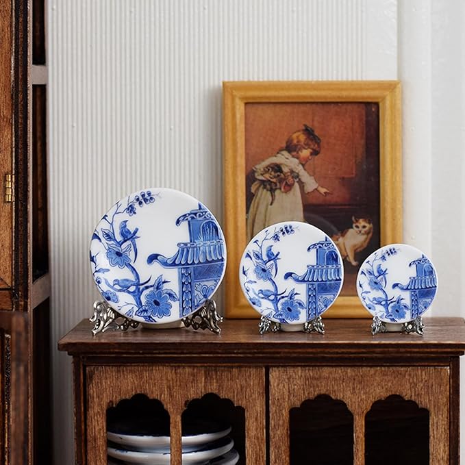 6PCS Handcrafted Miniature Ceramic Plates in 1:12 or 1:6 Scale, Vintage Porcelain Playhouse Dishes (Blue-White C, 3CM)