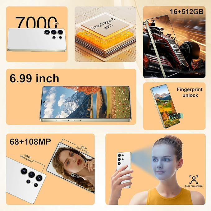 OEJBK I25 Ultra: Powerhouse 16GB/512GB, 2-Day 7000mAh Battery, Huge 6.99" Android 14 Phone w/Built-in Stylus - Your All-in-One Device The Superior Choice (White)