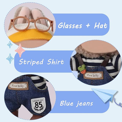 17cm Doll Clothes(NO Doll), Cute Dolls Outfit Accessories with Hat + Glasses + Striped Top + Suspenders Pants + Shoes, Small Kawaii Clothes Set for Dolls(Style 1)