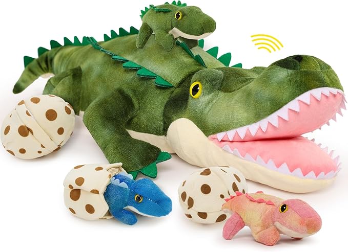 7Pcs Sound Alligator Plush Toy, 23.6" Talking Mother Crocodile Stuffed Animal with 3 Baby Alligators & 3 Eggs, Stuffed Educational Zoo Animals for Kids, Safari Plushies Gift for Christmas