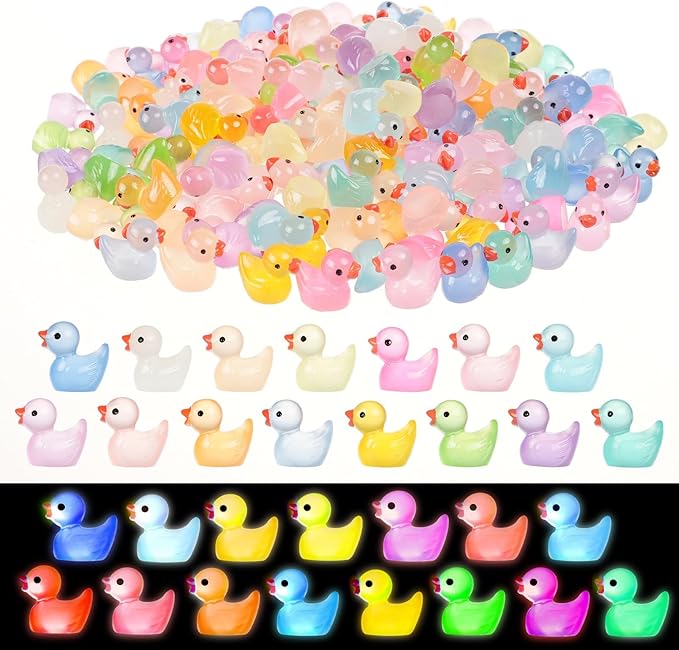 225 Pcs Luminous Mini Resin Ducks Glow in The Dark Tiny Small Ducks Miniature Figurines for Landscape Dollhouse Decor Aquarium Garden DIY Accessories Themed Party Gifts
