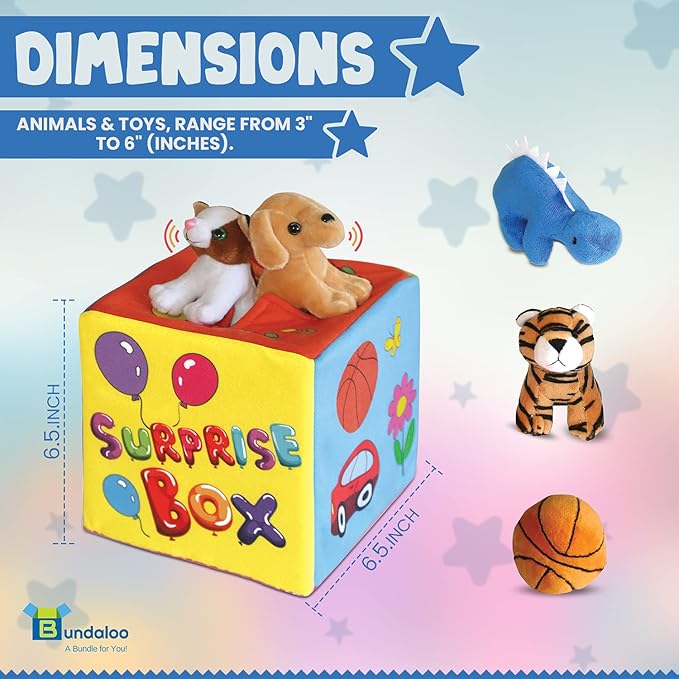 Bundaloo Surprise Mystery Box with 8 Premium Plush Toys - Soft Sensory Playset with Press to Hear Sounds, Various Plush, Stuffed Animals, Vehicles, Balls for Babies & Toddlers