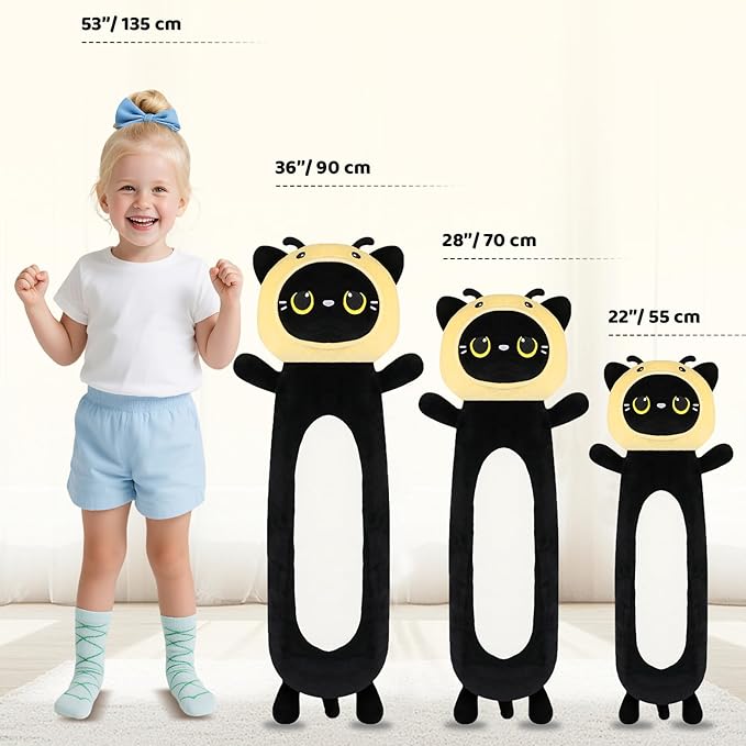 22 inch Bee Black Cat Long Plush Body Pillow Toy, Kitten Plushies with Stuffy Honeybee Oufit Big Stuffed Animals Gfit for Kids Boys Girls, Birthday, Halloween, Christmas