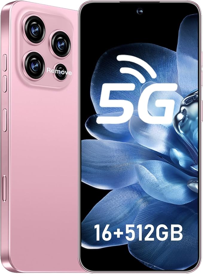 JQAKP 16PROMA X 5G Phone,Smartphone Unlocked Cell Phone 16GB+512GB/6.99“ HD Screen Display/68MP+108MP Camera/7000 mAh, Dual SIM Card/Face Unlock/Fingerprint Button Unlock (Pink)